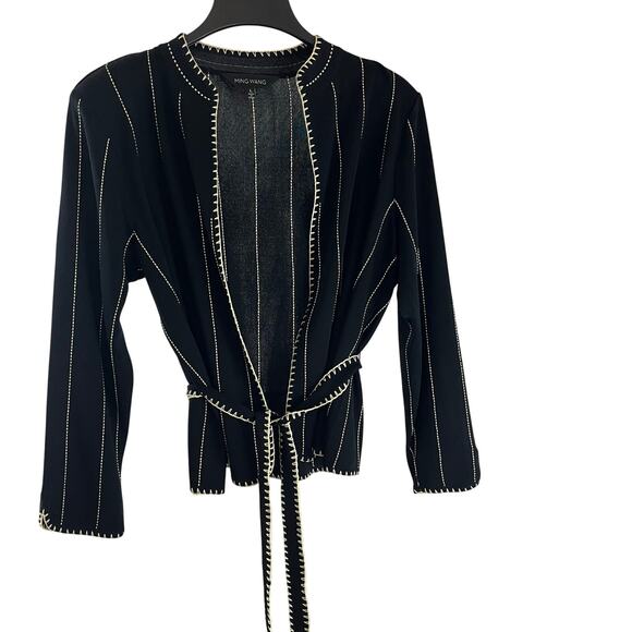 Ming Wang Belted Acrylic Knit Cardigan Jacket Large Black Cream Embroidered L - Picture 1 of 6